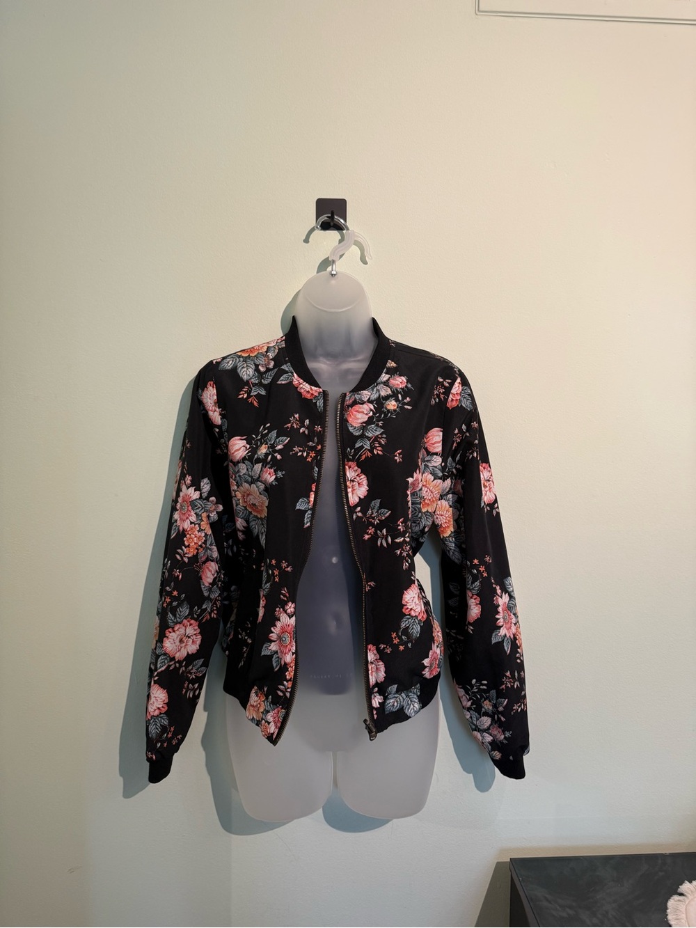Floral Bomber Jacket - Black with Pink Floral Print reversible size small